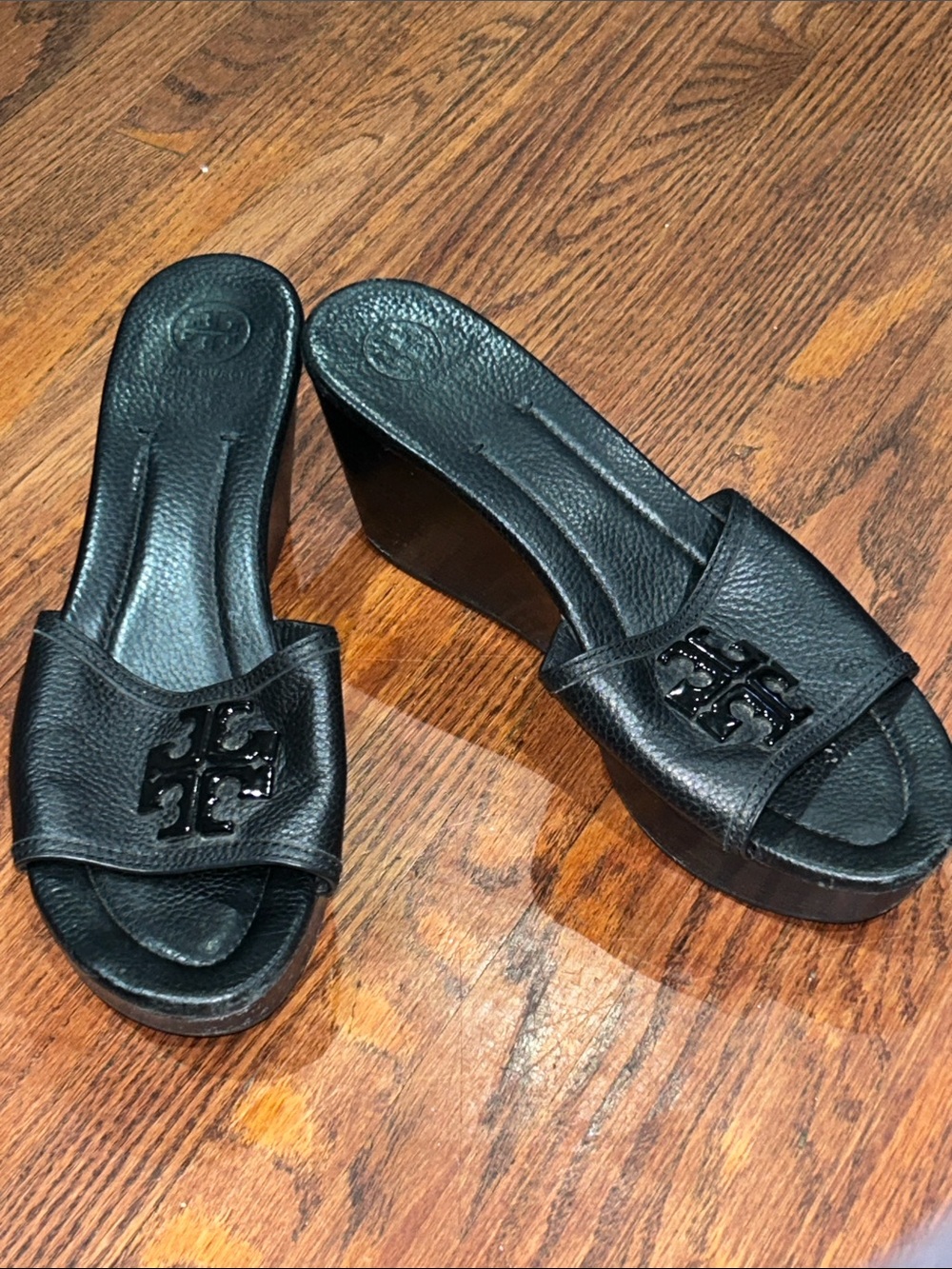 Tory Burch Black Leather Platform Wedge Slide Sandals